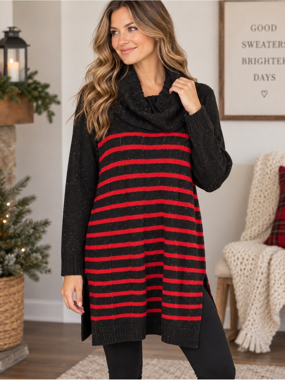 NWT Westbound Women’s XL Black Red Striped Cowl Neck Tunic Sweater